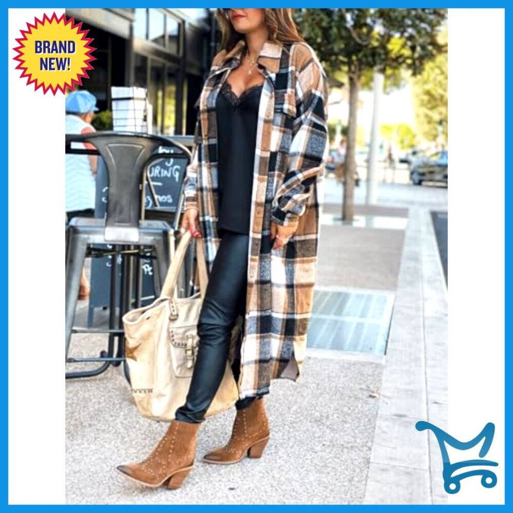 Oversized Flannel Shacket Jacket Long Sleeve Button Down with Pockets - Picture 3 of 6